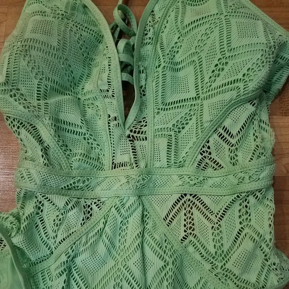 BECCA ONE PIECE SWIMSUIT MESH CROCHET MINT GREEN  XL